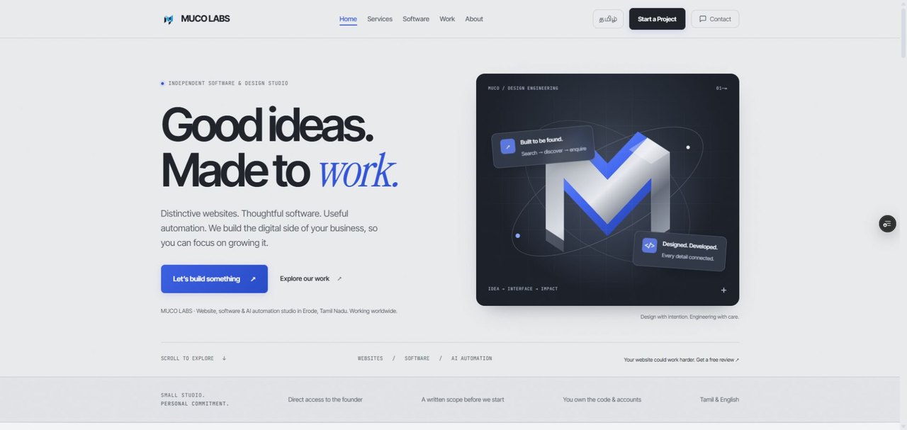 Actual MUCO LABS homepage with grey background, service introduction and project enquiry button